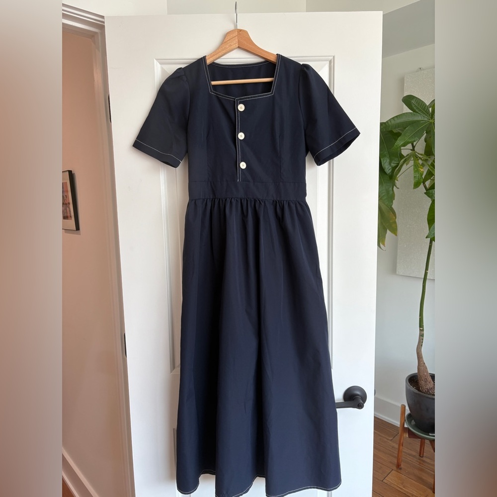 Navy Blue Retro Maxi Dress with contrast stitch and buttons